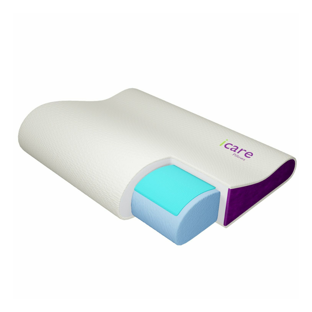 The iCare Contour Pillow – Targeted Support with Cooling Comfort features a contoured memory foam core for spinal alignment, blue and turquoise inner layers, and a white textured outer cover with icare branding in purple and green.